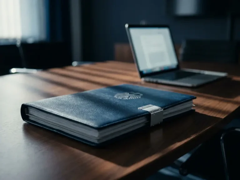 Geschlossener Compliance-Ordner mit Sicherheitssiegel und deutschem Bundesadler auf dunklem Konferenztisch, Laptop im Hintergrund.