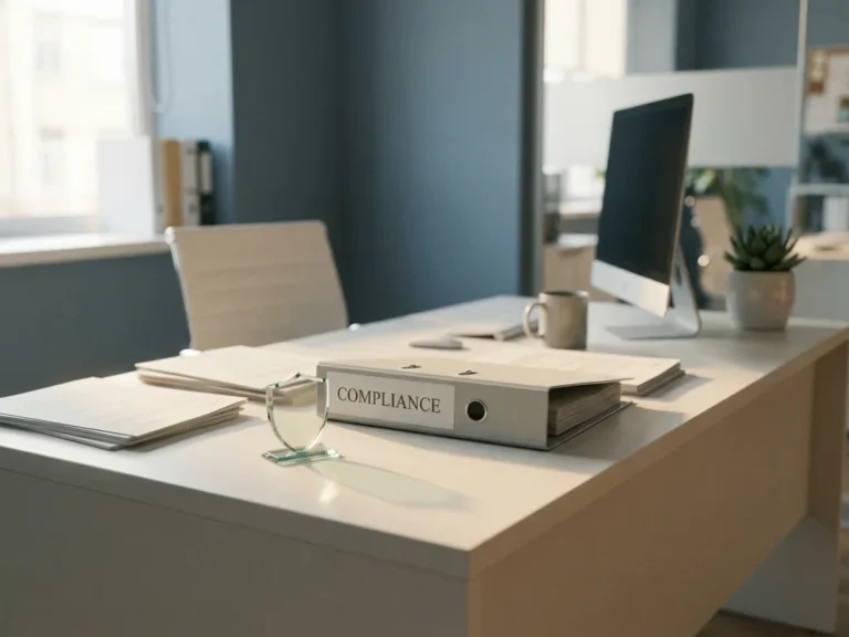Aufgeschlagener Compliance-Ordner auf modernem Büroschreibtisch mit schildförmigem Briefbeschwerer im warmen Fensterlicht.