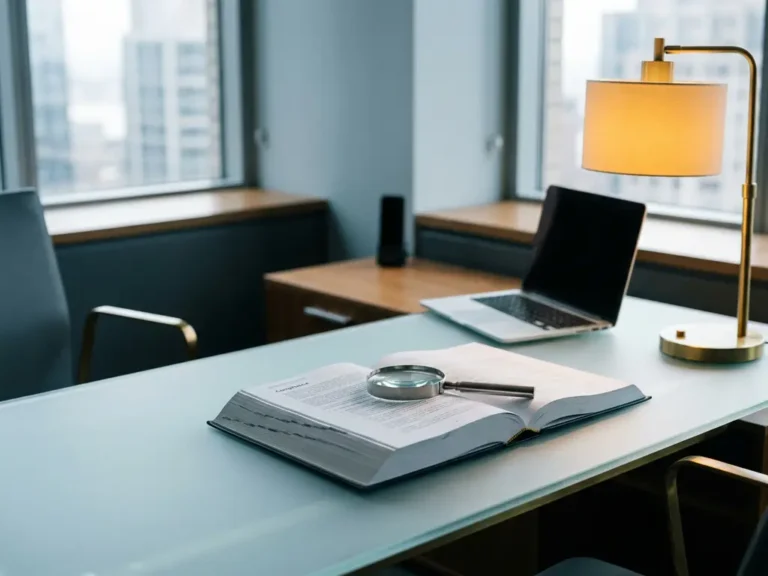 Compliance-Checkliste auf Glasschreibtisch mit Lupe, modernem Laptop im Hintergrund, sachliches Büroambiente in Stahlblau und Bernstein.