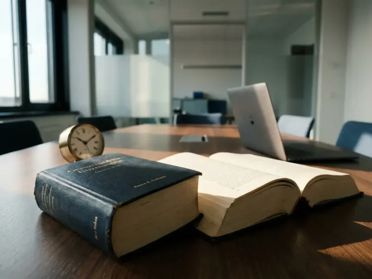 Aufgeschlagenes deutsches Gesetzbuch auf Konferenztisch neben Laptop, Analoguhr wirft Schatten auf die Seiten, modernes Büro.