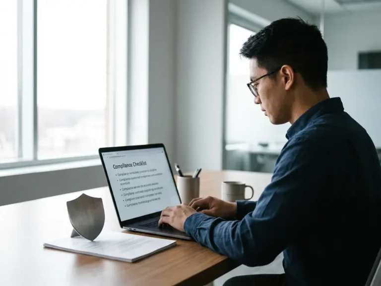 IT-Administrator prüft Compliance-Checkliste auf Laptop im modernen Büro, Sicherheits-Briefbeschwerer auf Dokumentenstapel, natürliches Seitenlicht.