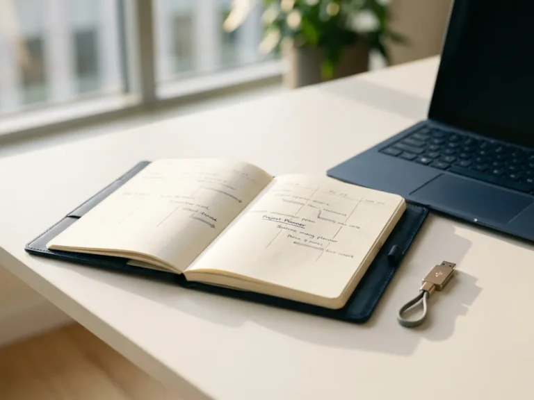 Aufgeschlagener Leder-Projektplaner mit Zeitplan neben Laptop und USB-Sicherheitsschlüssel auf modernem Schreibtisch im warmen Morgenlicht.