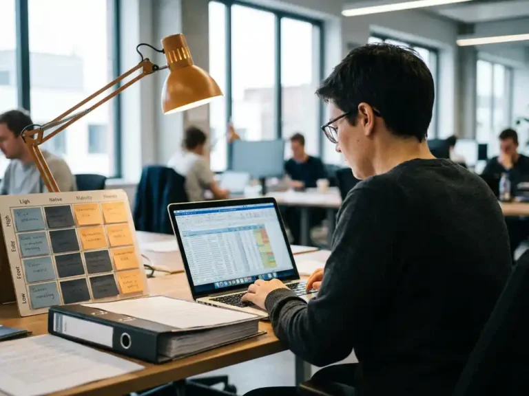 Cybersecurity-Fachkraft analysiert Risikobewertungsdokument auf Laptop, daneben Ordner und Risikomatrix im modernen Büro.