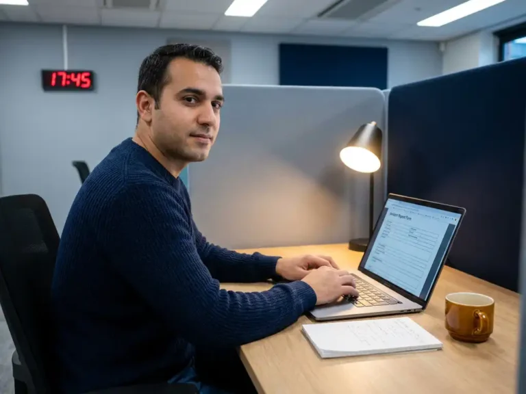 Sicherheitsanalyst füllt strukturierten Incident-Report auf einem Laptop aus, digitale Wanduhr und Kaffeetasse im Hintergrund.